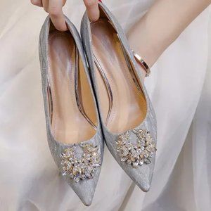 Diamond high -heeled shoe sequin pointed fine heel single shoes